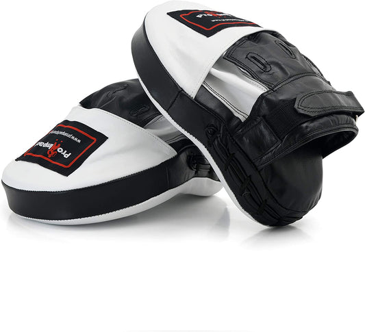 Curved Focus Mitts - Shock Absorbent Training Hand Pads - Ideal for Karate Boxing MMA Muay Thai or Fighting Sports Training Genuine and PU Leather (White Black Genuine Leather)