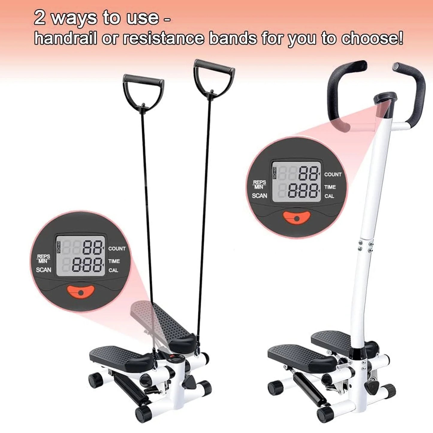 Steppers for Exercise, Mini Stair Stepper with Resistance Bands and Handlebar, 2 Ways to Use, Stair Climber Fitness Exercise Equipment for Full Body Training, 220 Lbs Weight Capacity